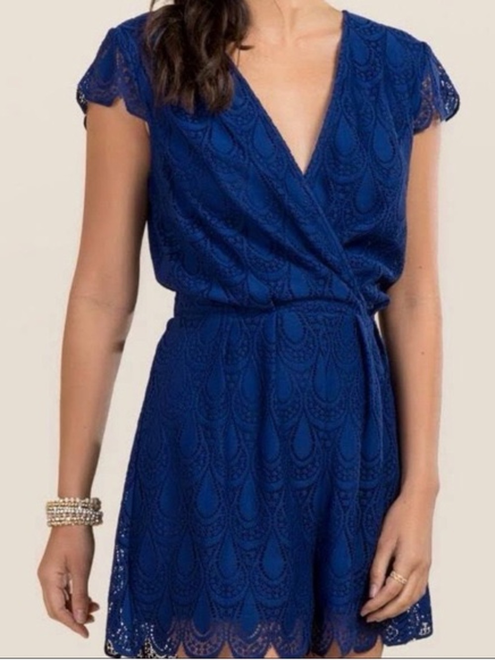Francesca's Collections Blue Lace Wrap Romper EUC